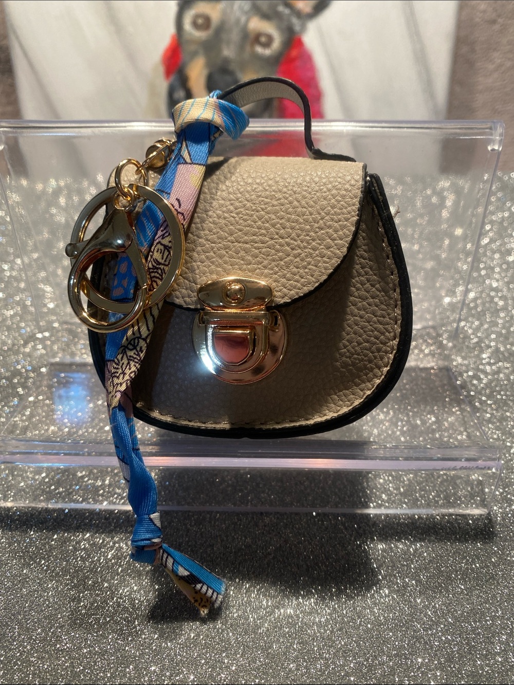 Mini Pebbled Leather Crossbody Bag Keychain - Beige - Picture 1 of 4